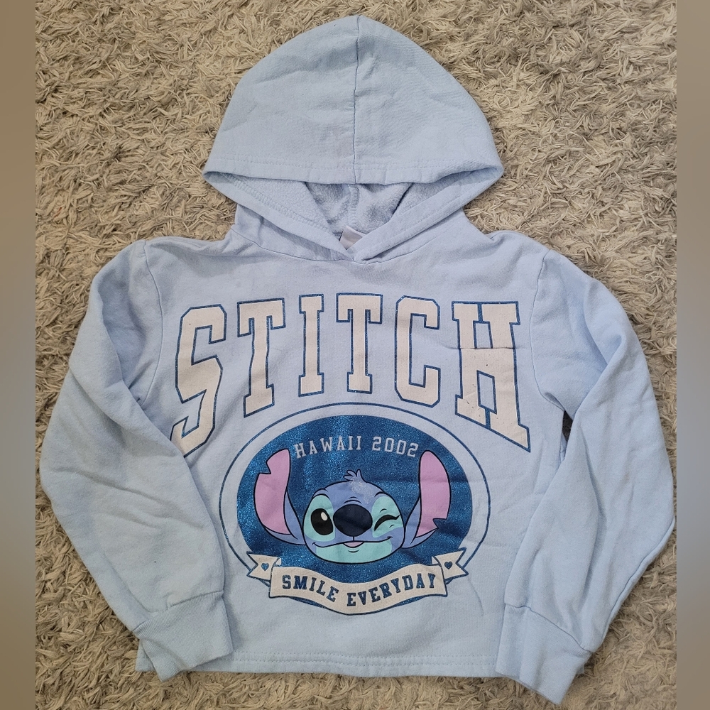 Disney Light Blue Stitch Hoodie with White and Blue Glitter Print